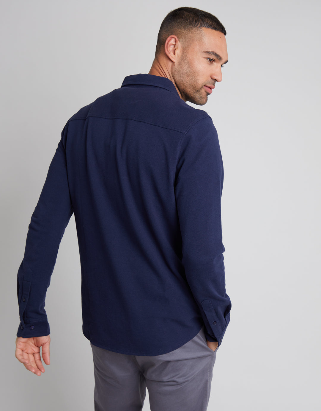 White & Navy Cotton Pique Jersey Long Sleeve Shirts (2 Pack)