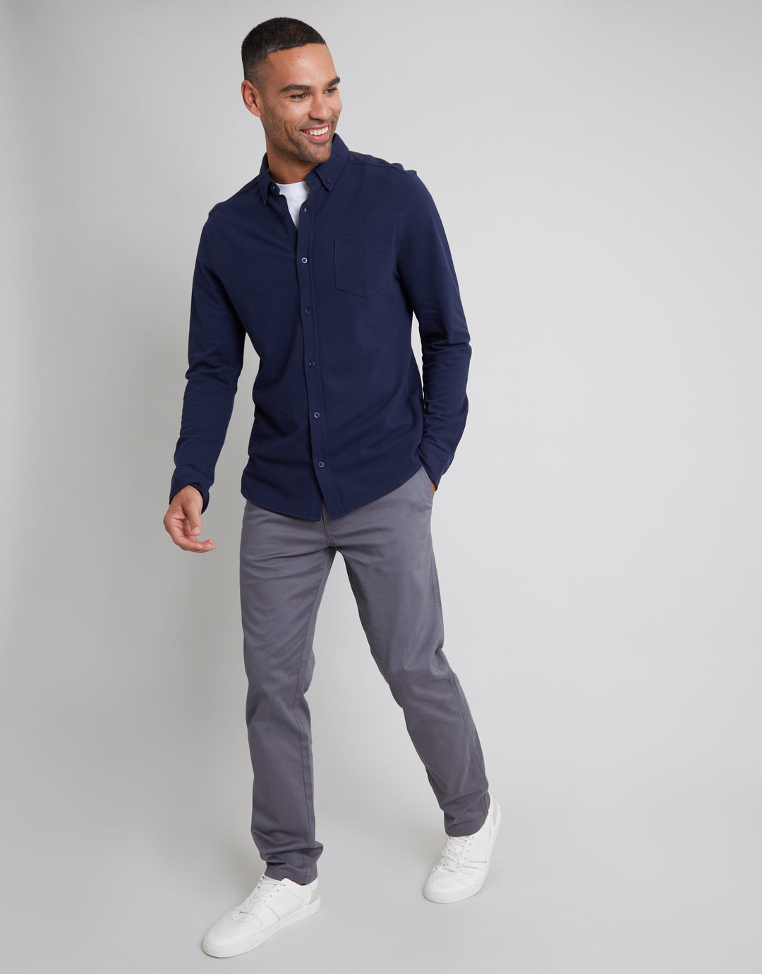 White & Navy Cotton Pique Jersey Long Sleeve Shirts (2 Pack)