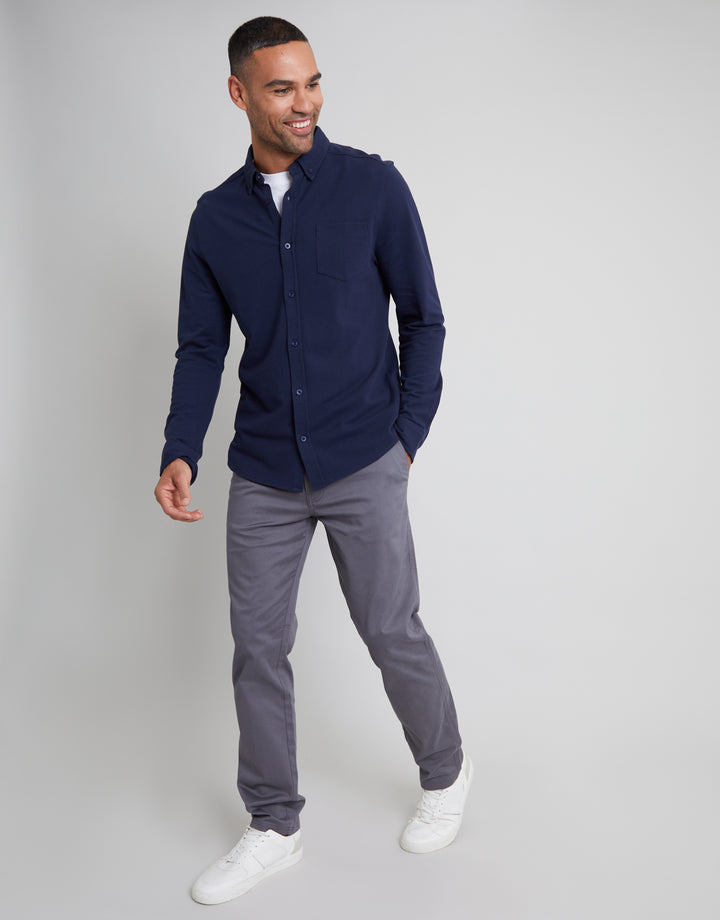 White & Navy Cotton Pique Jersey Long Sleeve Shirts (2 Pack)