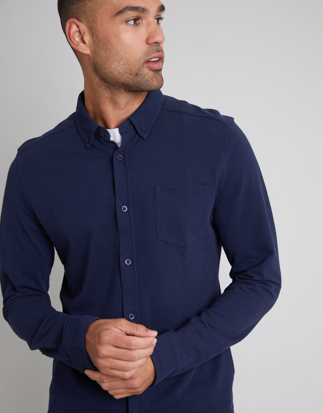 White & Navy Cotton Pique Jersey Long Sleeve Shirts (2 Pack)