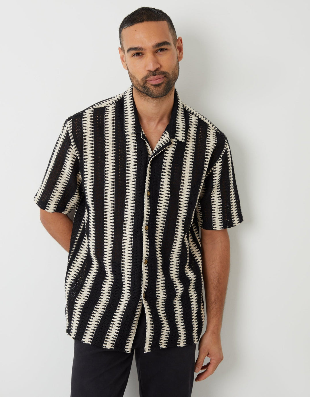 Threadbare Shaw Threadbare Men's Black & Ecru Crochet Relaxed Fit Short Sleeve Shirt