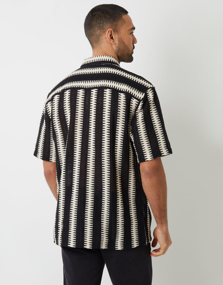 Black & Ecru Crochet Relaxed Fit Short Sleeve Shirt