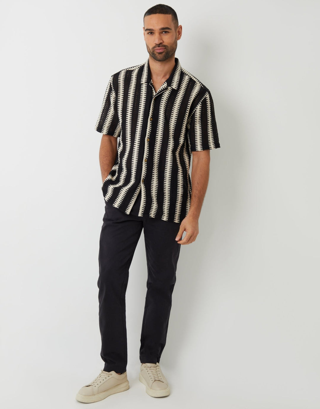Threadbare Shaw Threadbare Men's Black & Ecru Crochet Relaxed Fit Short Sleeve Shirt