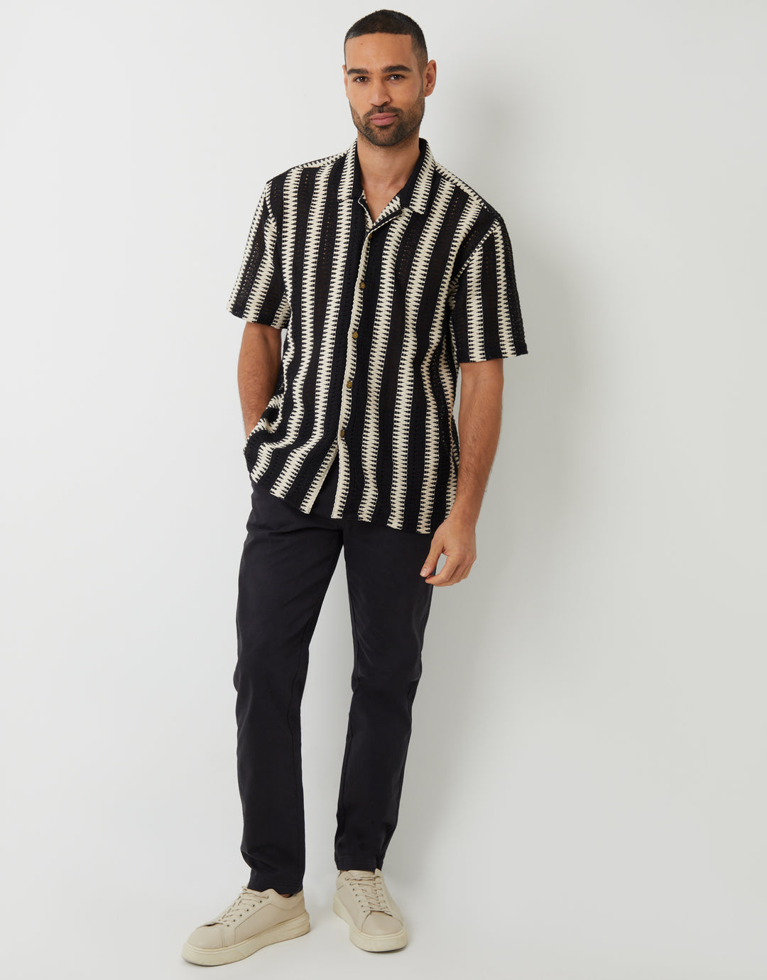 Black & Ecru Crochet Relaxed Fit Short Sleeve Shirt