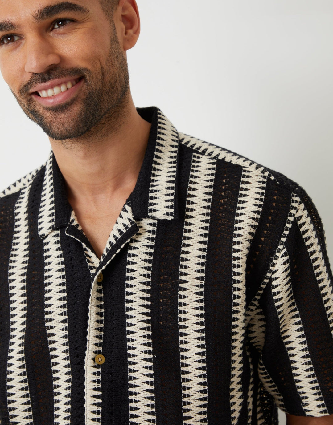 Threadbare Shaw Threadbare Men's Black & Ecru Crochet Relaxed Fit Short Sleeve Shirt