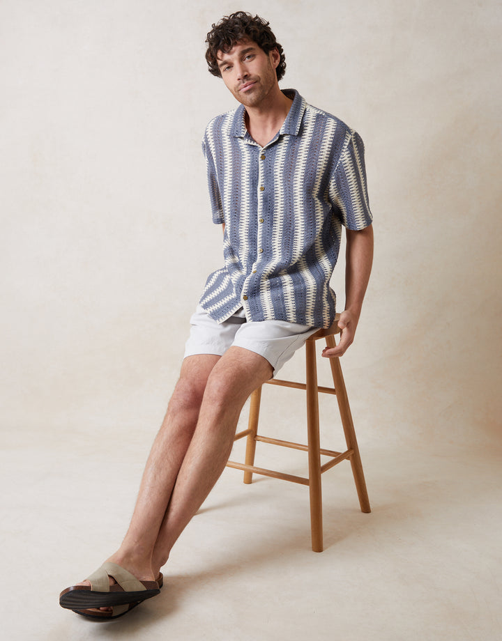 Blue & Ecru Crochet Relaxed Fit Short Sleeve Shirt