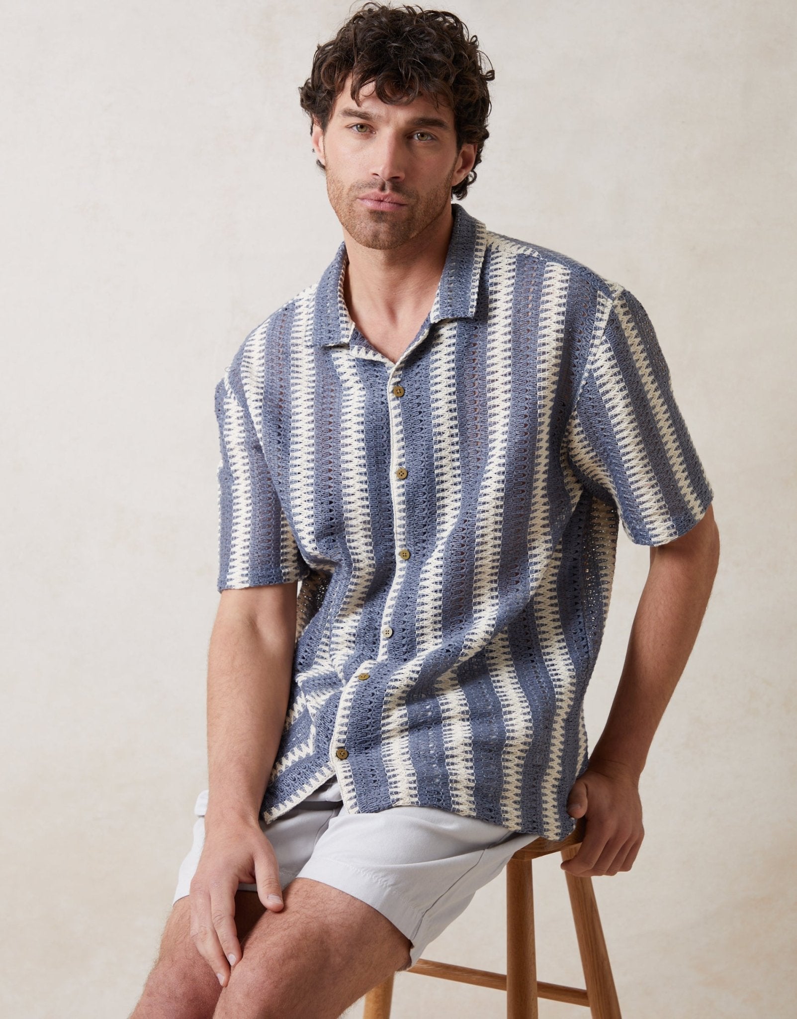 Threadbare Shaw Threadbare Men's Crochet Style Short Sleeve Shirt in Blue