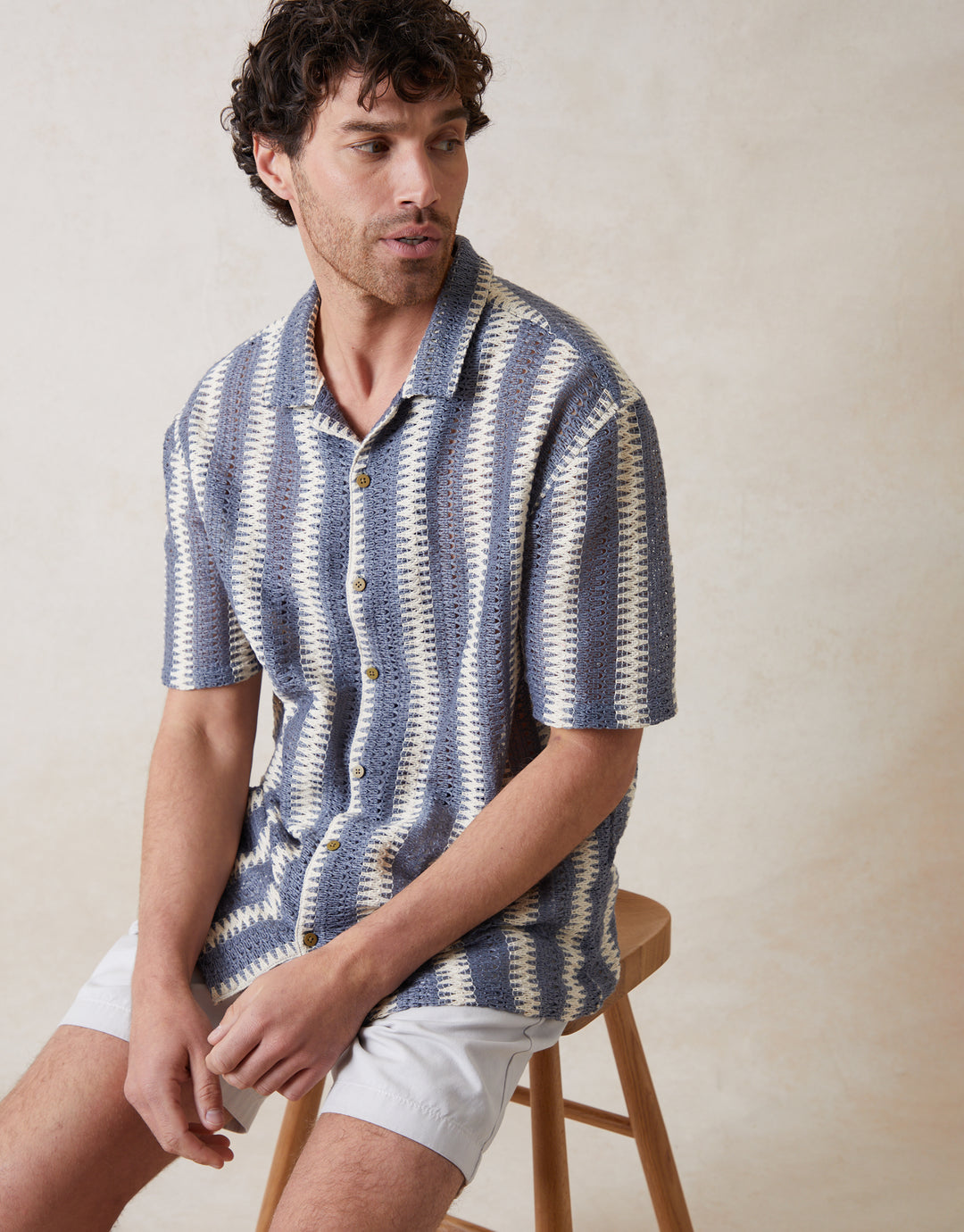 Blue & Ecru Crochet Relaxed Fit Short Sleeve Shirt