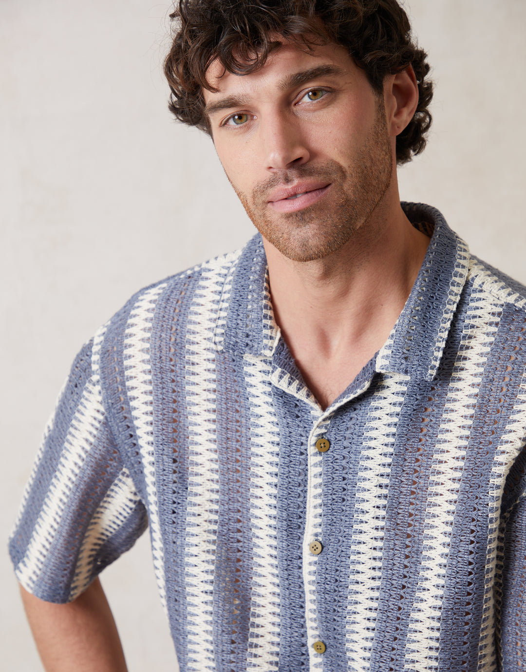 Blue & Ecru Crochet Relaxed Fit Short Sleeve Shirt