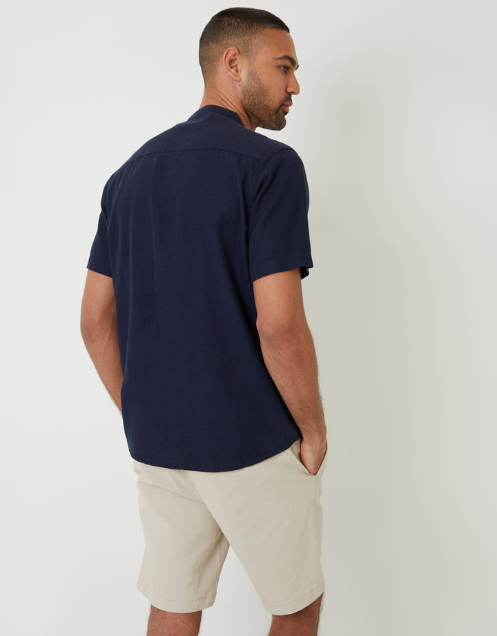 Navy Grandad Collar Linen Blend Short Sleeve Shirt