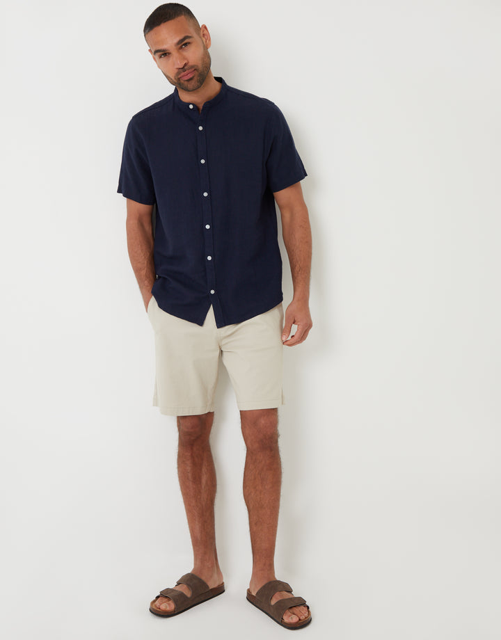 Navy Grandad Collar Linen Blend Short Sleeve Shirt