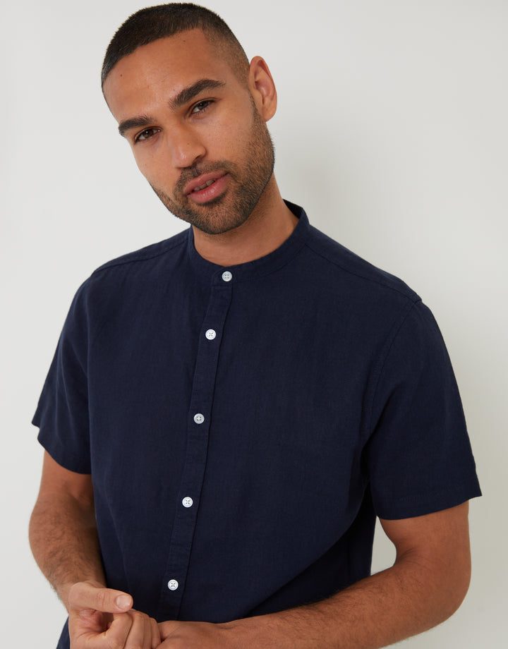 Navy Grandad Collar Linen Blend Short Sleeve Shirt