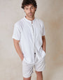White Grandad Collar Linen Blend Short Sleeve Shirt
