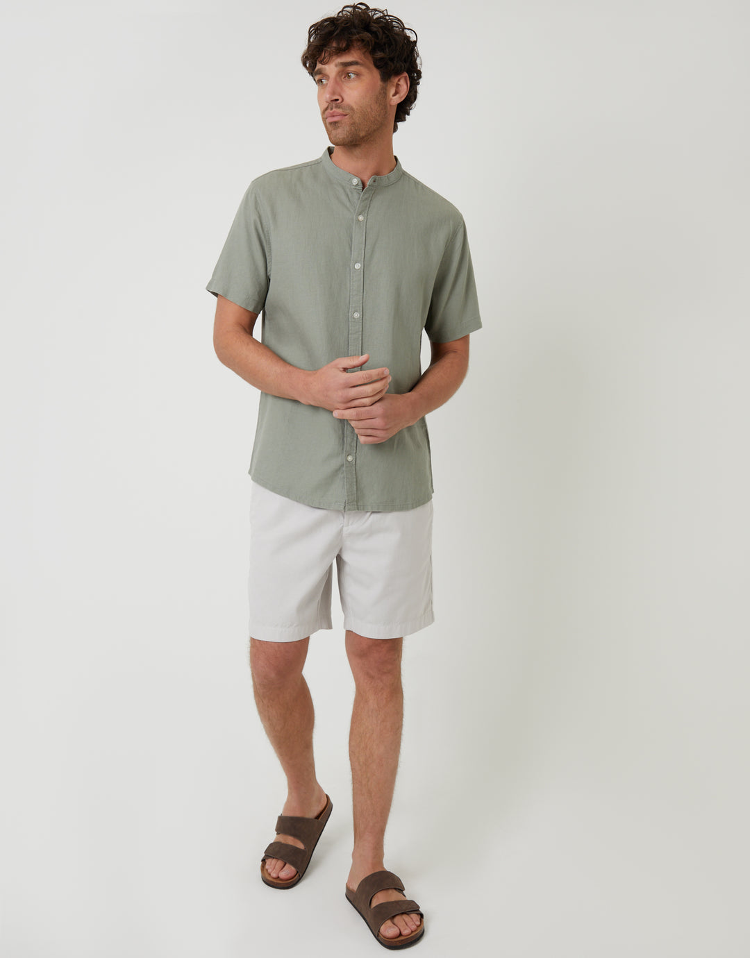 Sage Green Grandad Collar Linen Blend Short Sleeve Shirt