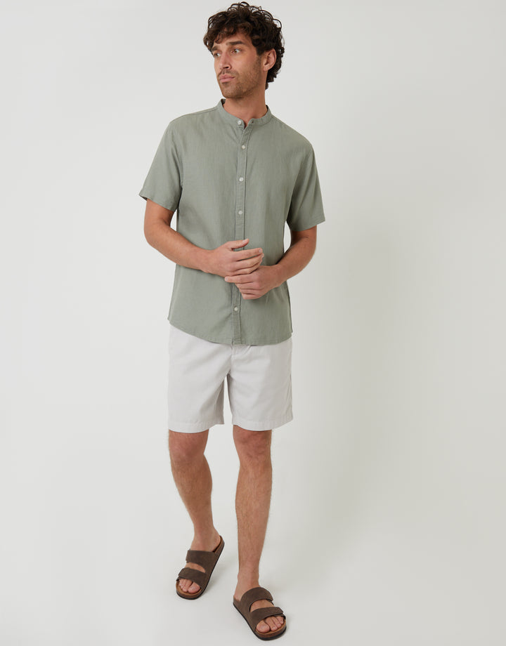 Sage Green Grandad Collar Linen Blend Short Sleeve Shirt