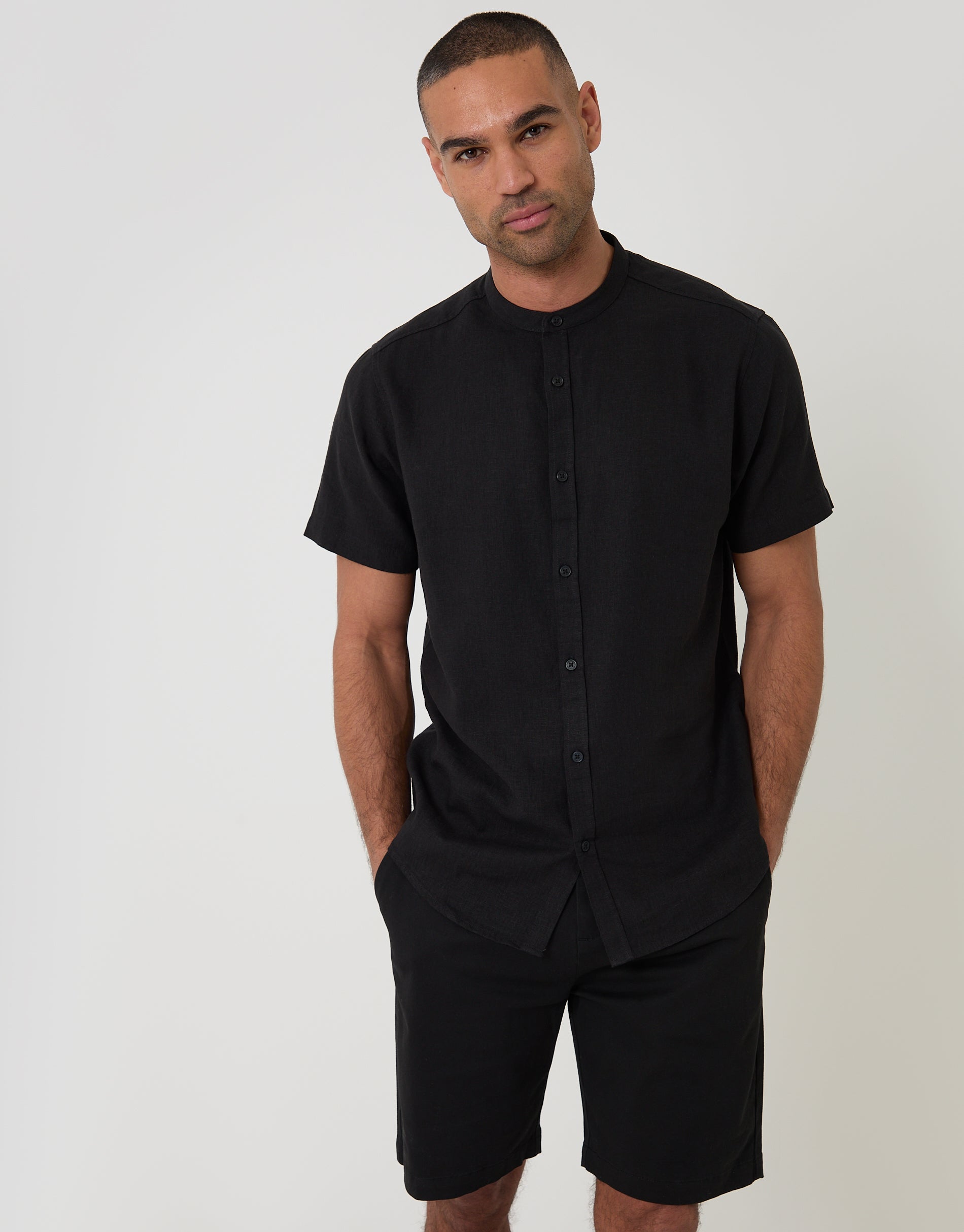 Black Grandad Collar Linen Blend Short Sleeve Shirt