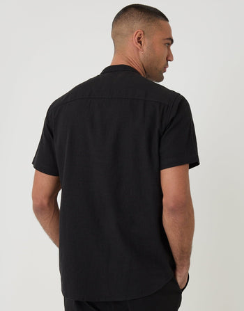 Threadbare Grandad Collar Linen Blend Short Sleeve Shirt in Black - back view