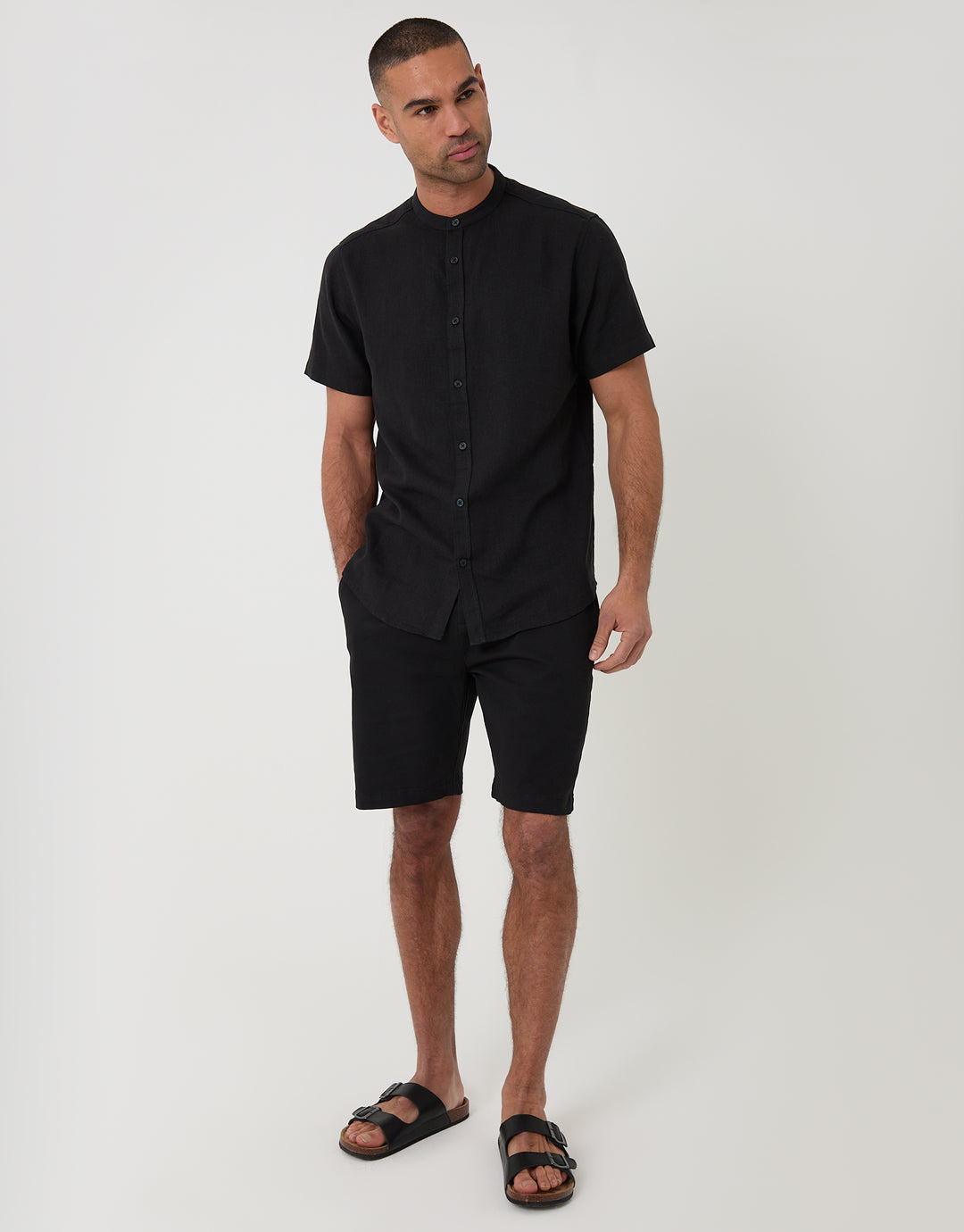 Threadbare Grandad Collar Linen Blend Short Sleeve Shirt in Black - full body