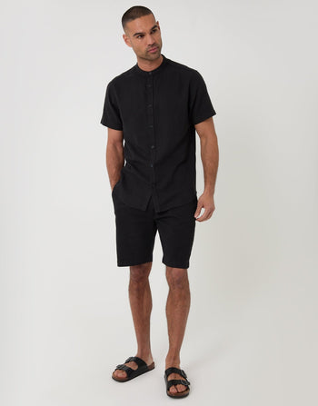 Threadbare Grandad Collar Linen Blend Short Sleeve Shirt in Black - full body