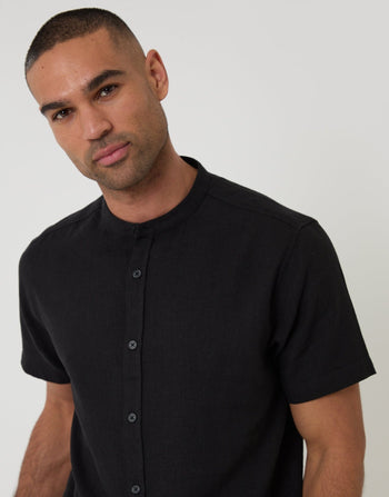 Threadbare Grandad Collar Linen Blend Short Sleeve Shirt in Black - front view close up