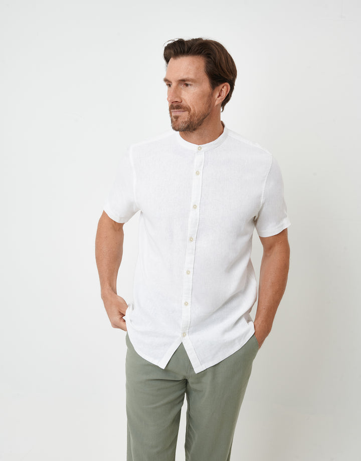 White Grandad Collar Linen Blend Short Sleeve Shirt