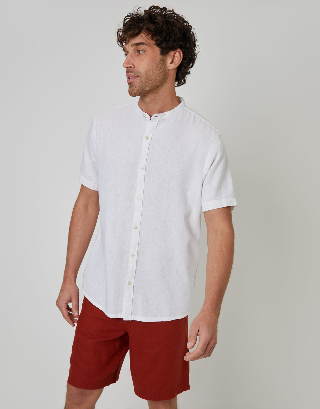 Threadbare Grandad Collar Linen Blend Short Sleeve Shirt in White - front view