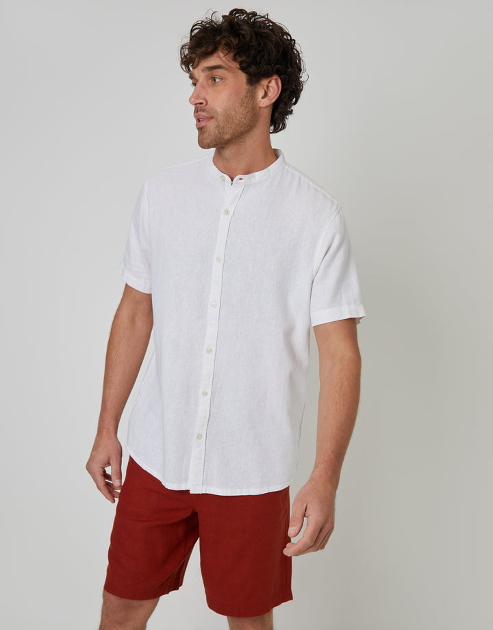 Threadbare Grandad Collar Linen Blend Short Sleeve Shirt in White - front view