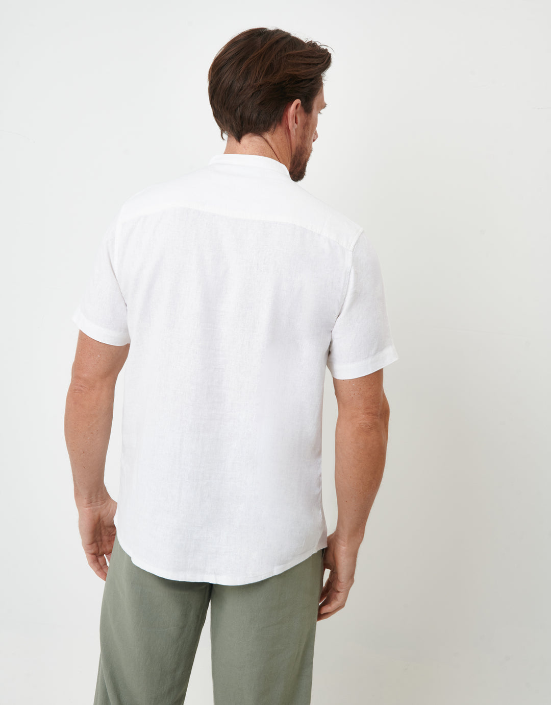 White Grandad Collar Linen Blend Short Sleeve Shirt