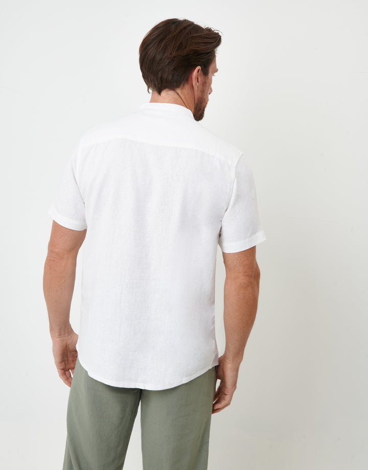 White Grandad Collar Linen Blend Short Sleeve Shirt
