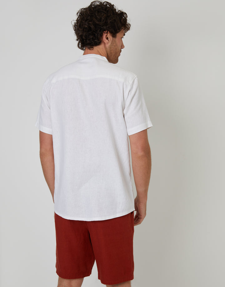 Threadbare Grandad Collar Linen Blend Short Sleeve Shirt in White - back view