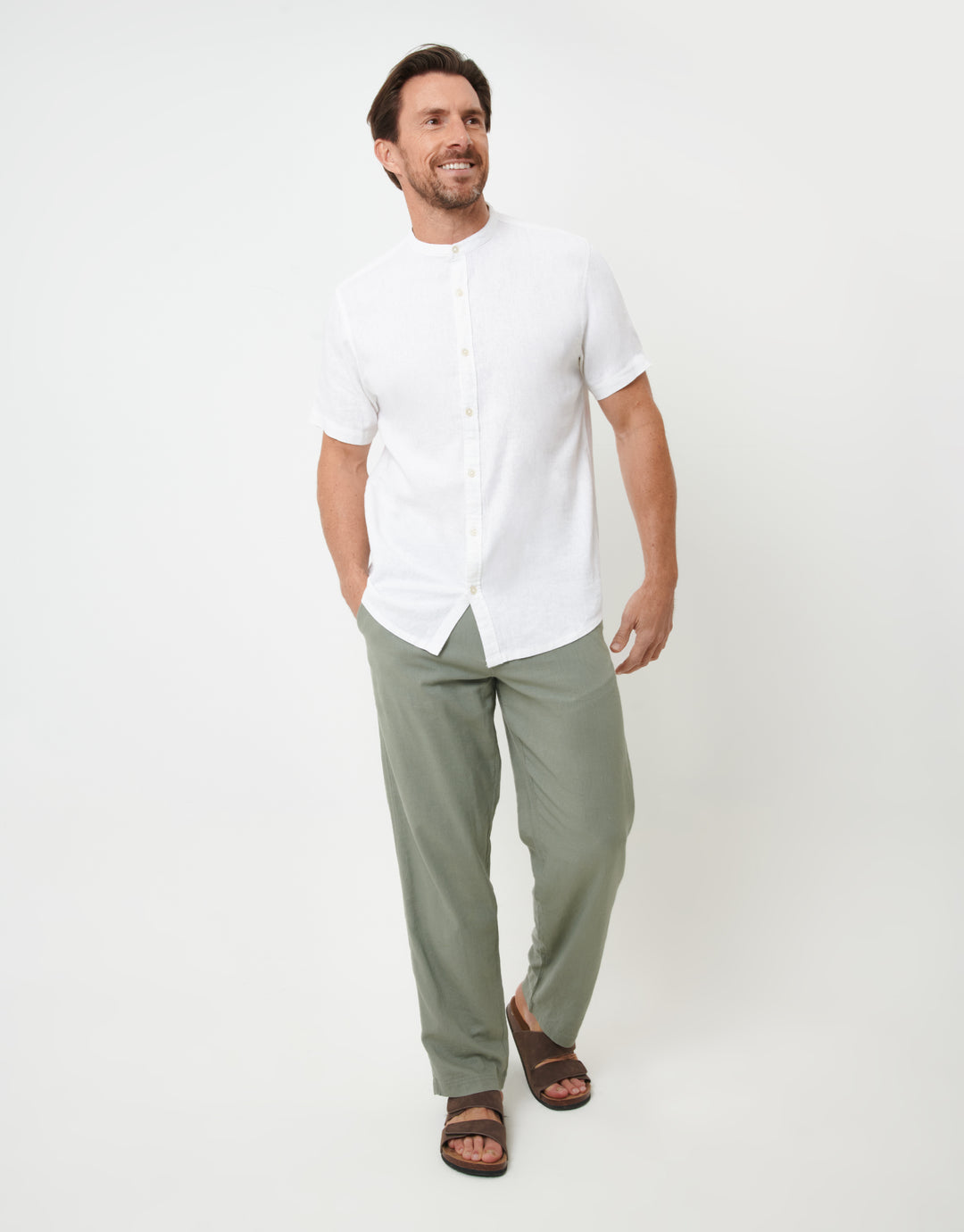 White Grandad Collar Linen Blend Short Sleeve Shirt