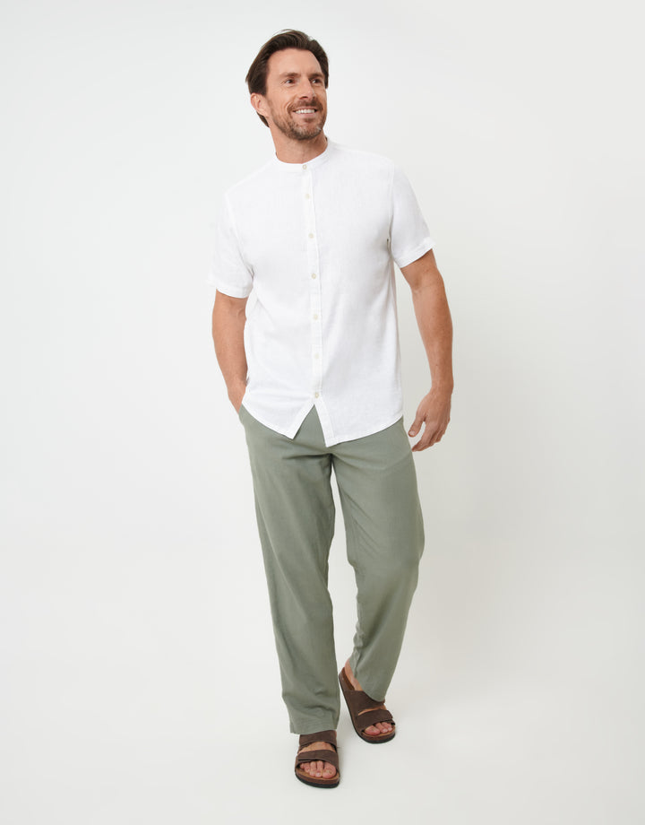 White Grandad Collar Linen Blend Short Sleeve Shirt