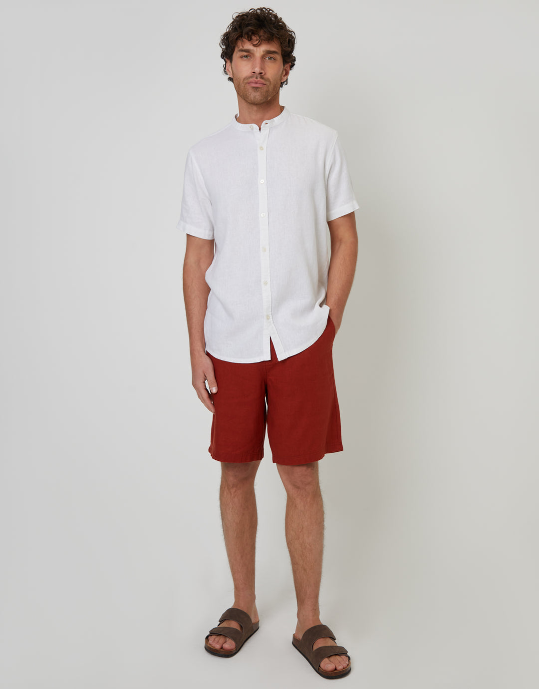 Threadbare Grandad Collar Linen Blend Short Sleeve Shirt in White - full outfit view