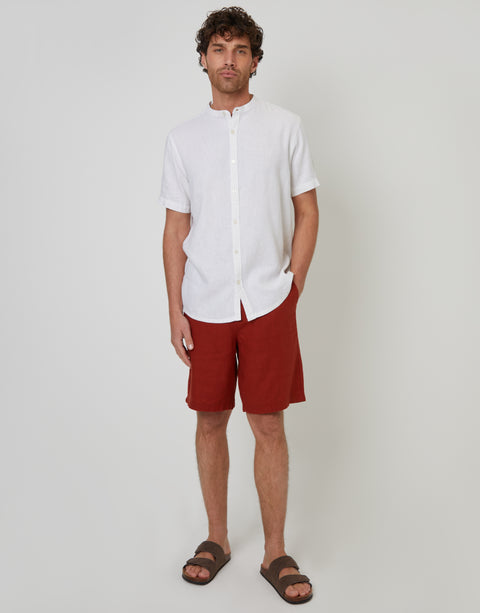 Threadbare Grandad Collar Linen Blend Short Sleeve Shirt in White - full outfit view