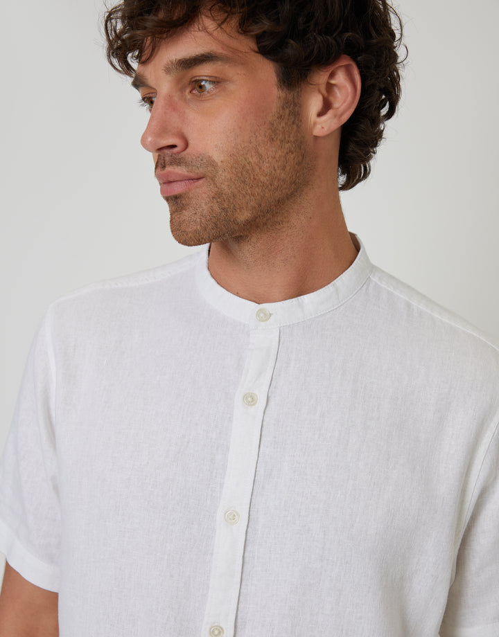 Threadbare Grandad Collar Linen Blend Short Sleeve Shirt in White - close up view
