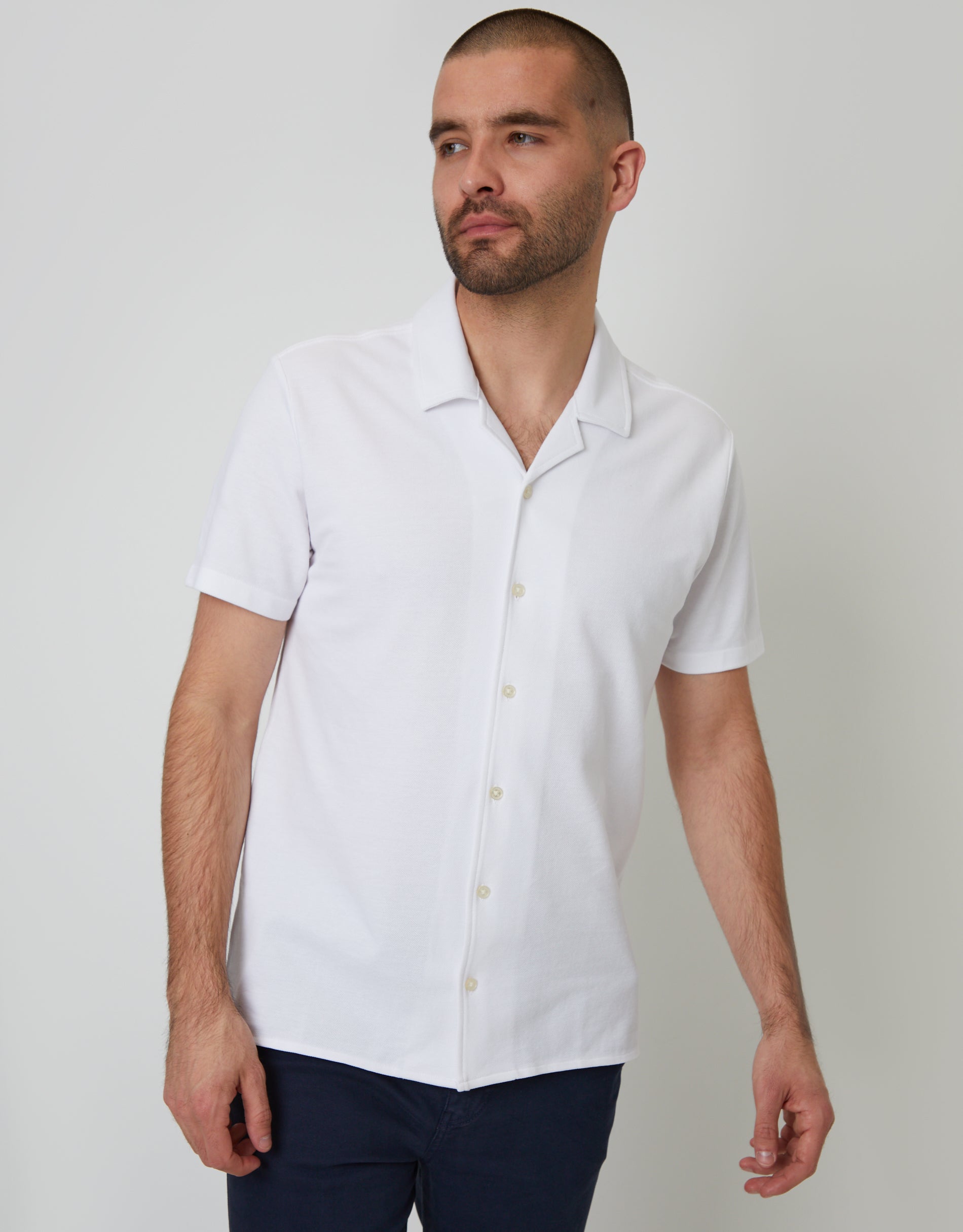 Jersey Pique Revere Collar Short Sleeve Shirt in White