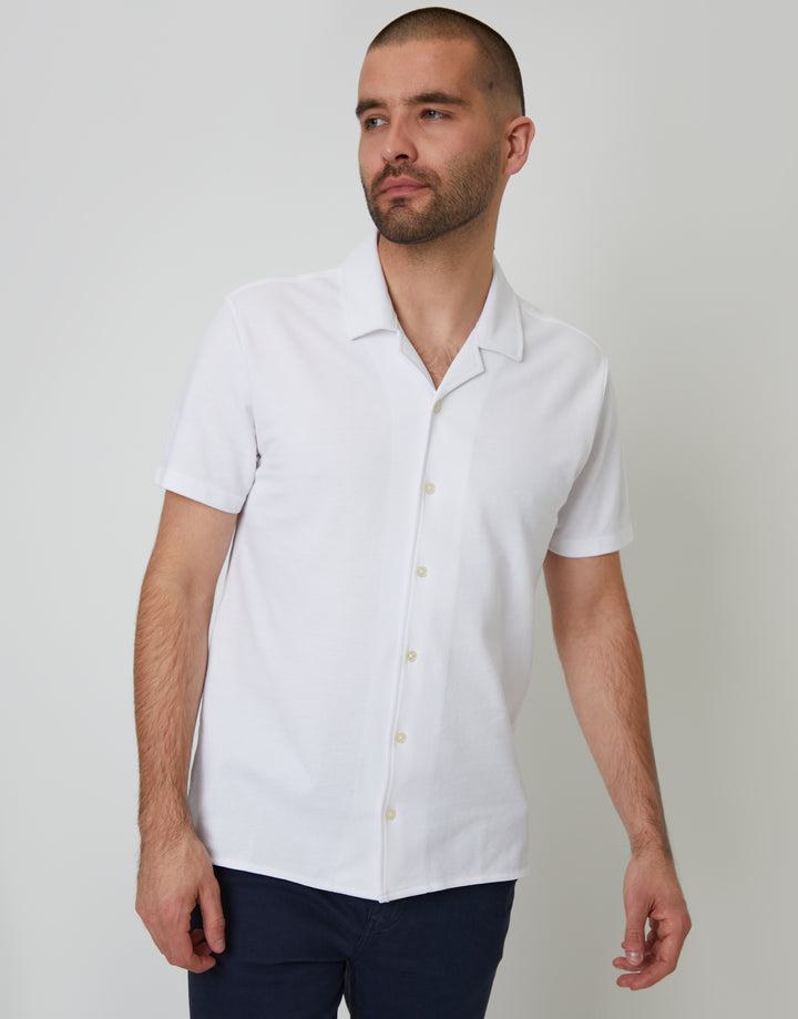 White Jersey Pique Revere Collar Short Sleeve Shirt
