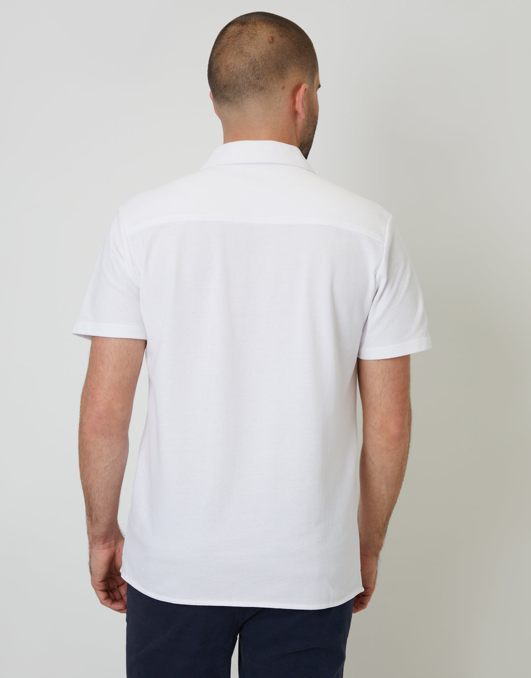White Jersey Pique Revere Collar Short Sleeve Shirt