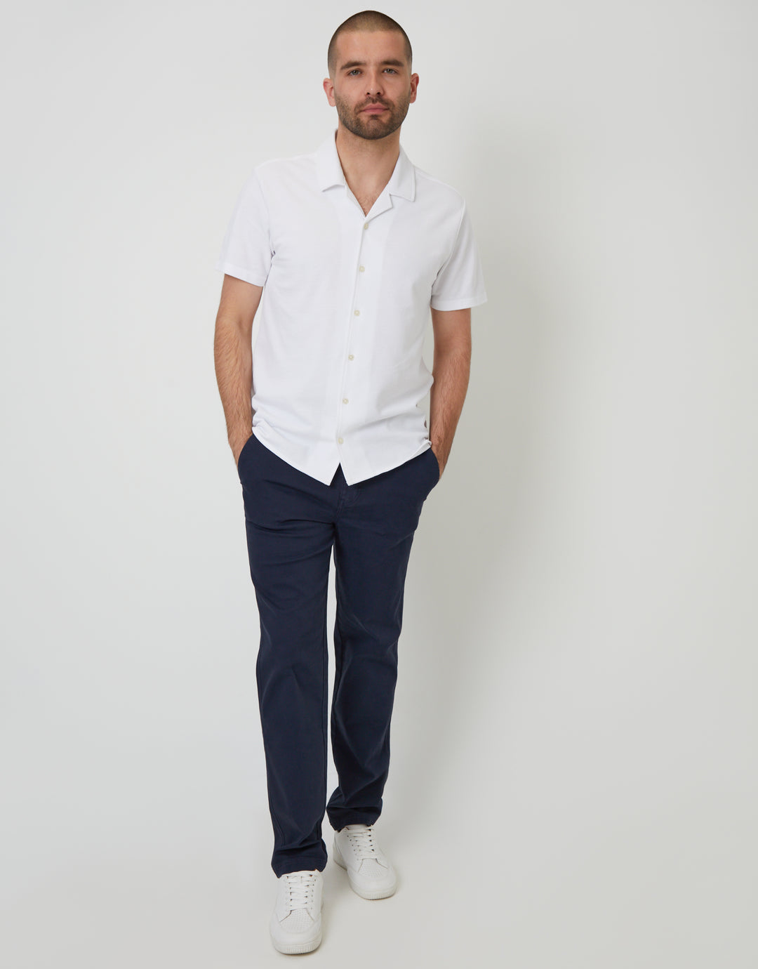 White Jersey Pique Revere Collar Short Sleeve Shirt