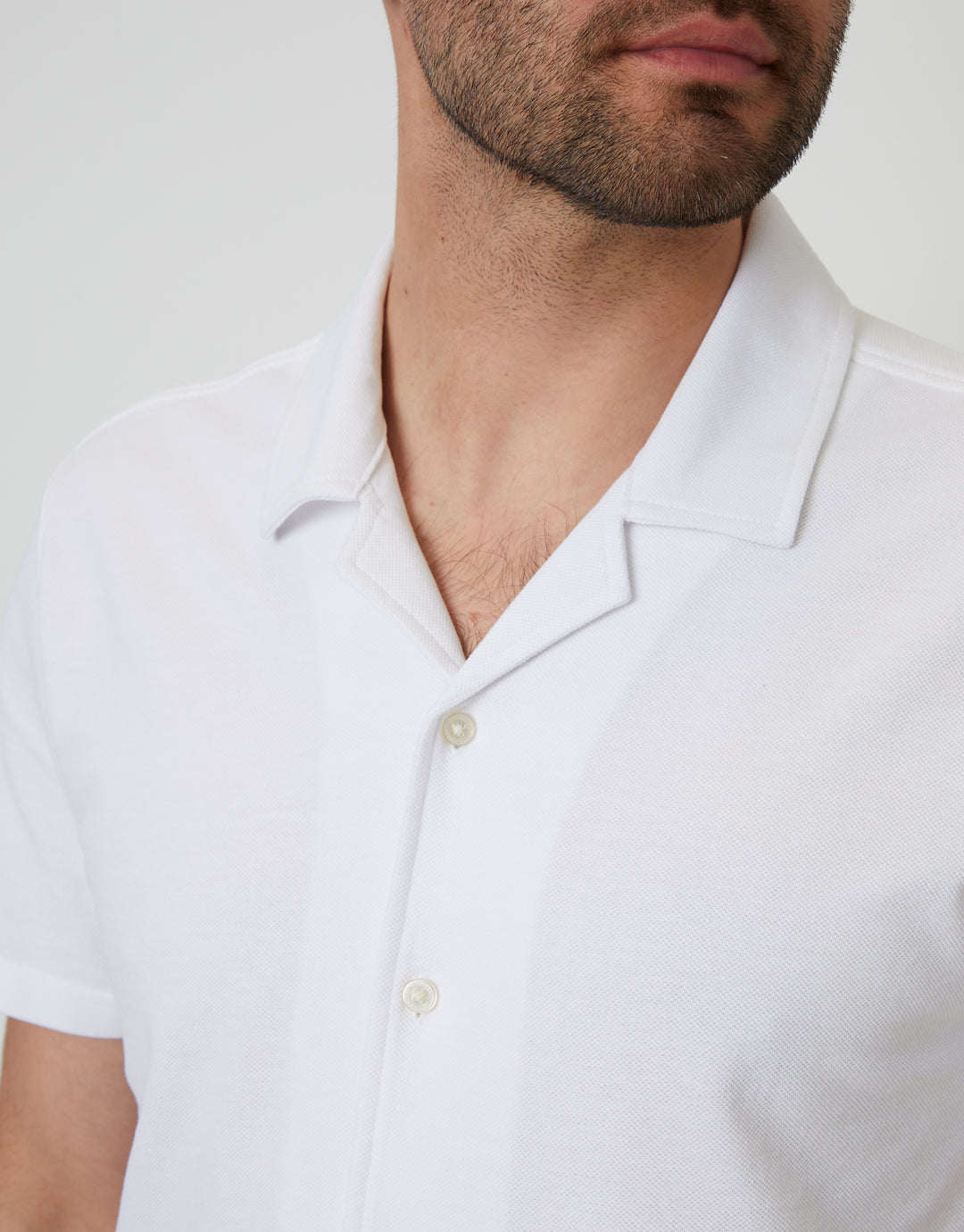 White Jersey Pique Revere Collar Short Sleeve Shirt