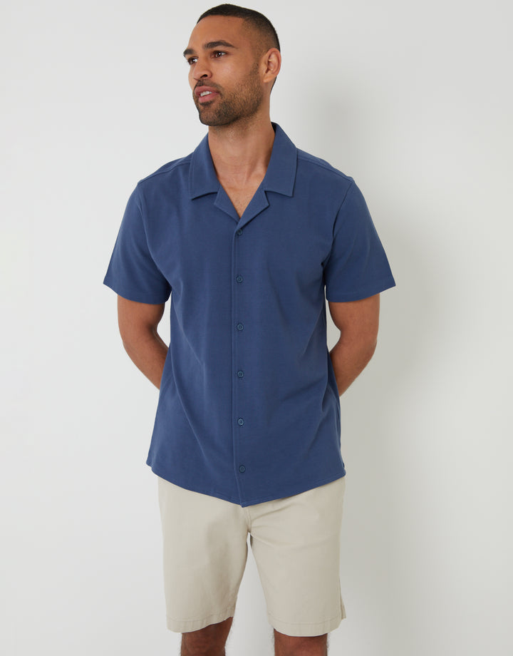 Denim Blue Jersey Pique Revere Collar Short Sleeve Shirt