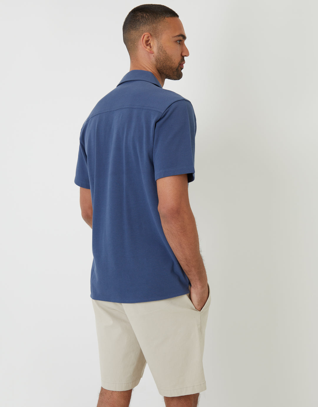 Denim Blue Jersey Pique Revere Collar Short Sleeve Shirt