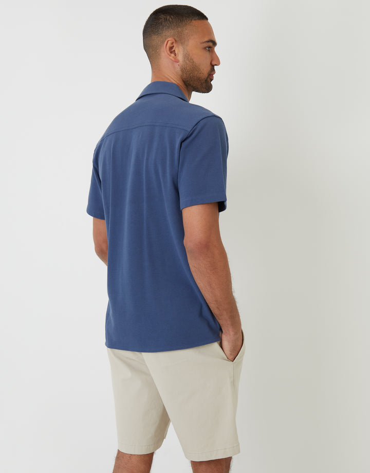 Denim Blue Jersey Pique Revere Collar Short Sleeve Shirt
