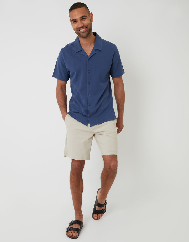 Denim Blue Jersey Pique Revere Collar Short Sleeve Shirt