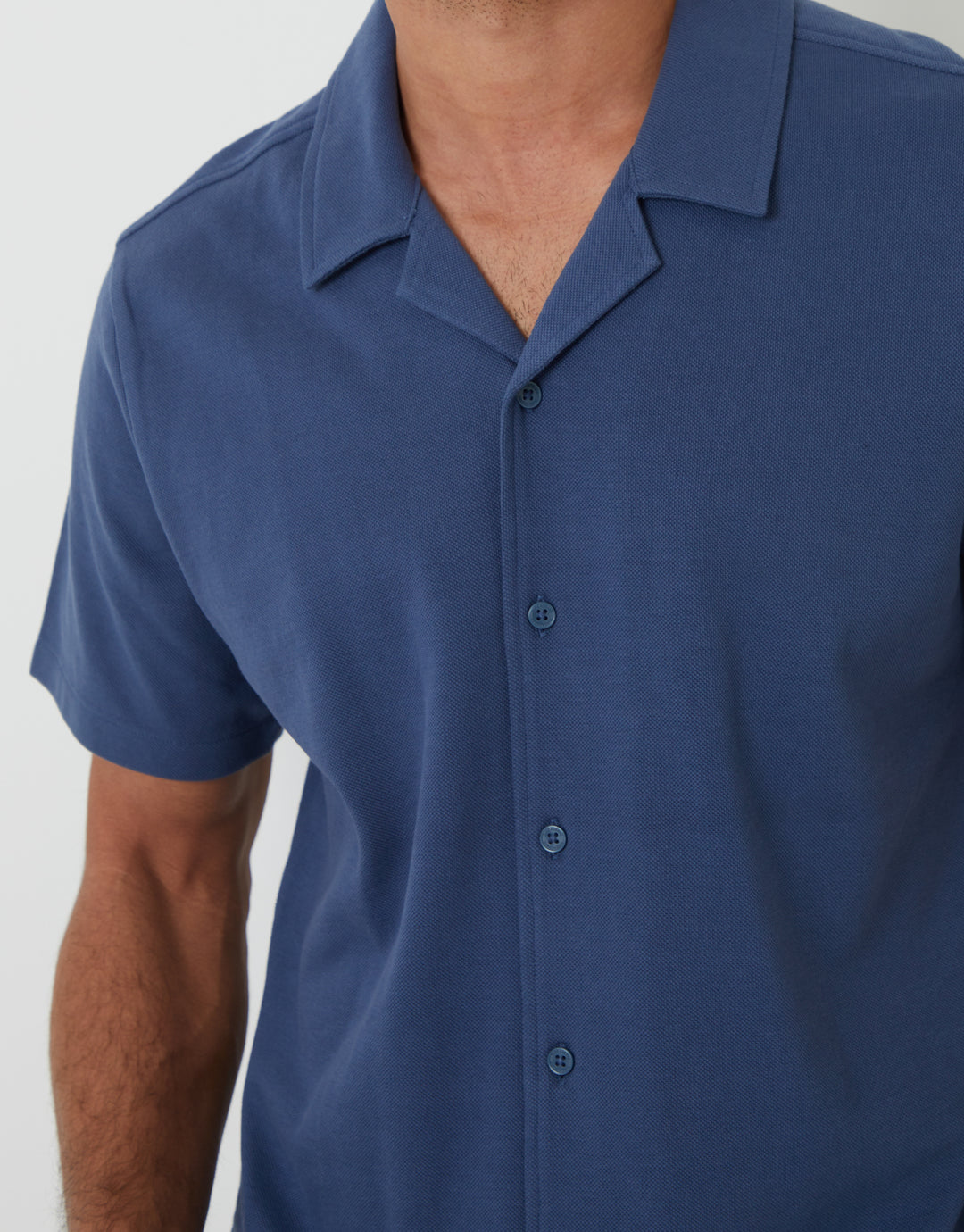 Denim Blue Jersey Pique Revere Collar Short Sleeve Shirt