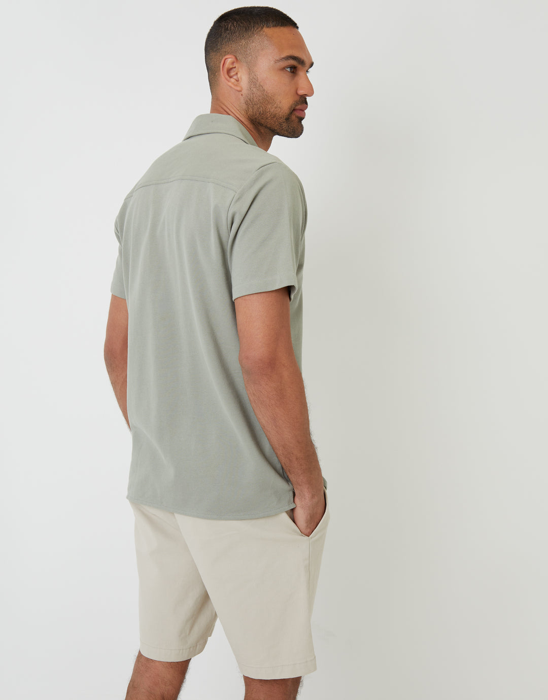 Sage Green Jersey Pique Revere Collar Short Sleeve Shirt