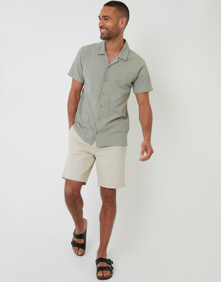 Sage Green Jersey Pique Revere Collar Short Sleeve Shirt