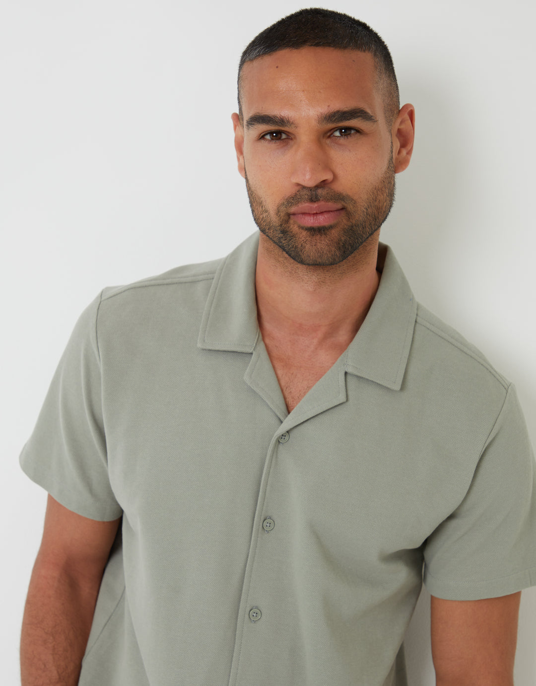 Sage Green Jersey Pique Revere Collar Short Sleeve Shirt
