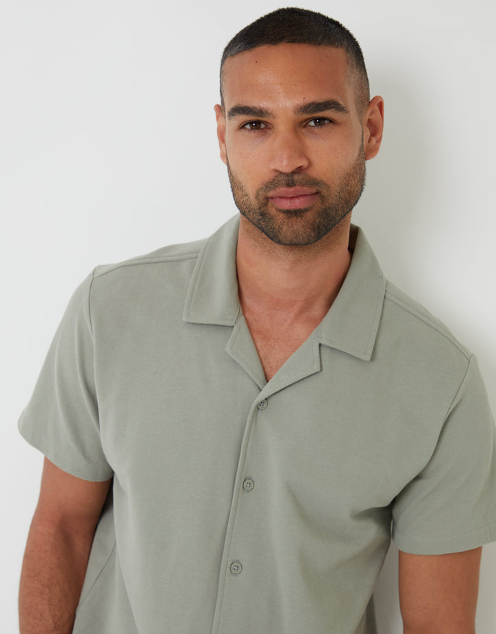 Sage Green Jersey Pique Revere Collar Short Sleeve Shirt