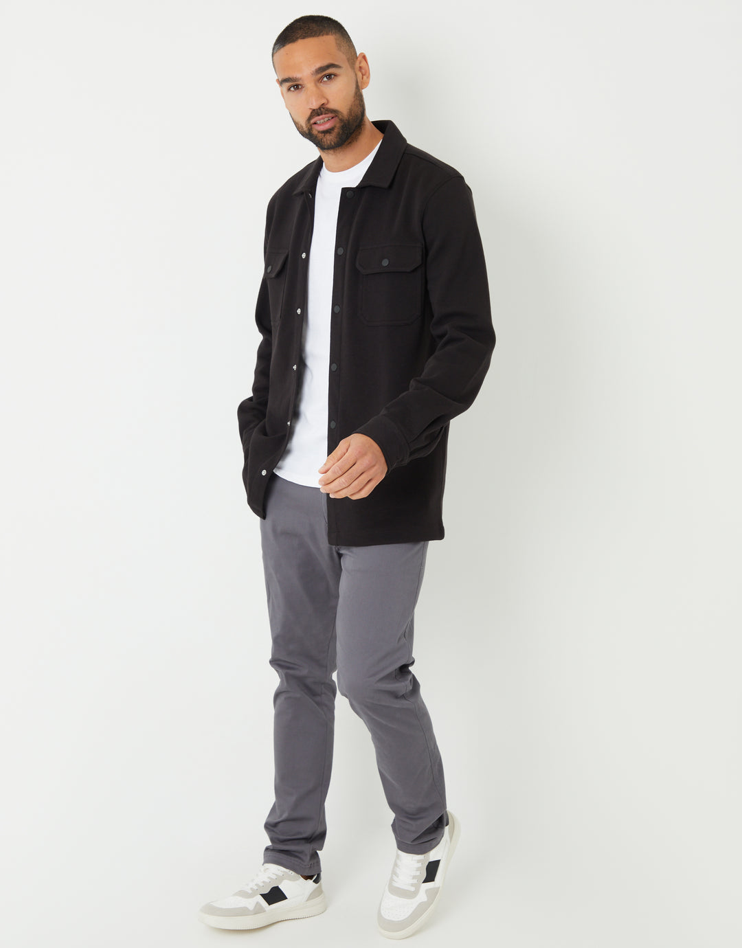 Black Pique Popper Fastening Shacket